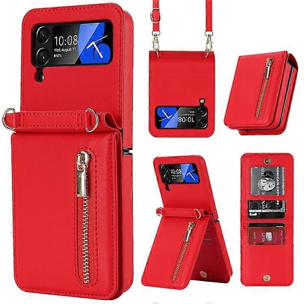 ZD 010 Kompatibelt för Samsung Galaxy Z Flip3 5G Fodral med dragkedja, plånbok och rem, PU-läder PC-telefonskal Red