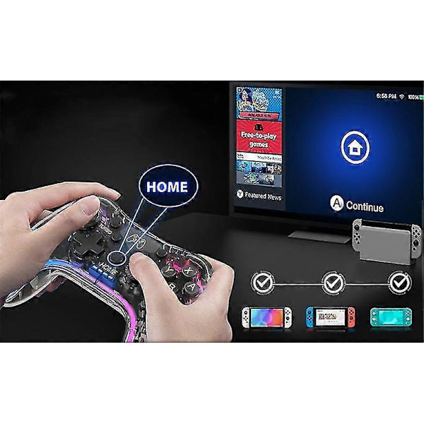 Switch-handkontroll kompatibel med Nintendo Switch/lite/oled & Pc/ios/android, Klar Rgb Lightning Switch Pro-handkontroll stöder app med Turbo, Wake-