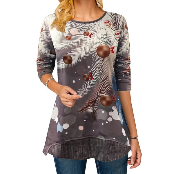 Jul Kvinnor Snögubbe Holiday Tree Print Casual T-shirt Xmas Långärmad Crew Neck Shirt Blus Longline Toppar Plus Size Gray M