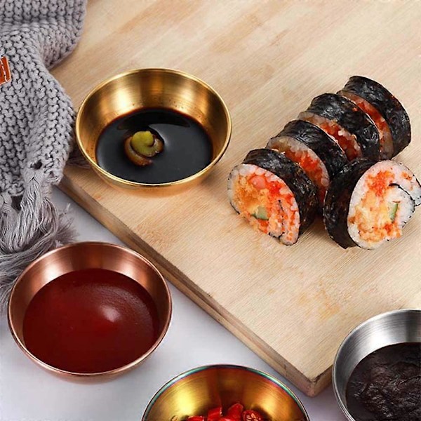 Sauceskåle i rustfrit stål, runde krydderiskåle, mini sauceskåle, sushi dyppeskål, appetitvækker tallerken, sojasovs dyppeskåle (4 stk., guld)