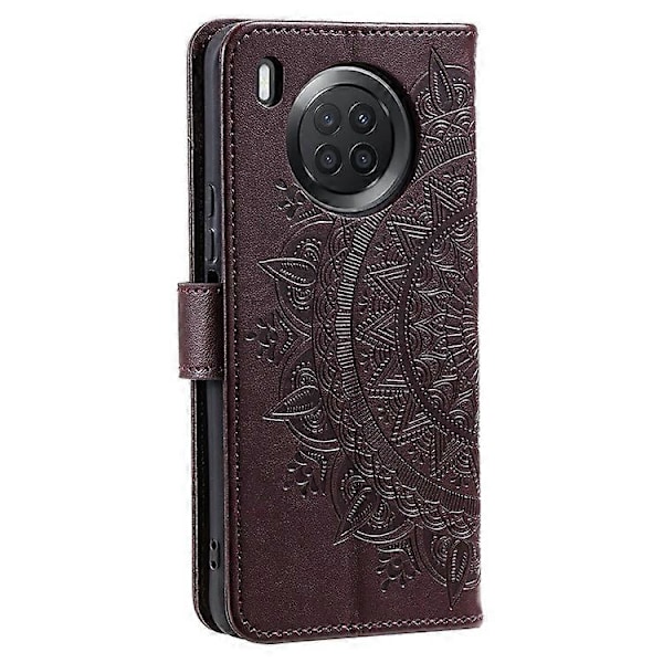 Präglad Mandala Blomma Fullständigt Skydd PU Läder + Mjuk TPU Ställ Plånboksfodral med Rem Kompatibel med Huawei nova 8i Brown