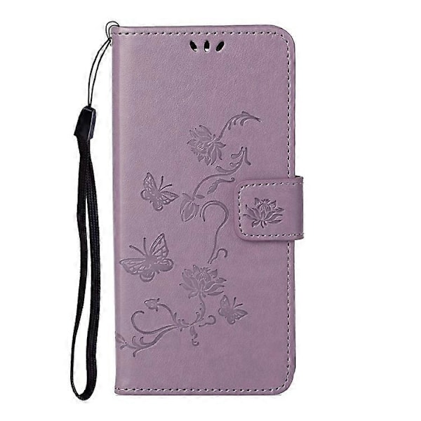Moderigtig pungfunktion Flip Prægede Sommerfugle Blomst PU Læder Ridsefast Telefon Cover Stativ Skal Kompatibel Med M Purple