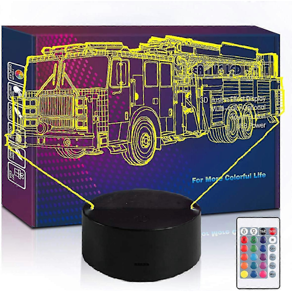 Brandbil Natlampe LED 3D Illusion Fjernbetjening USB Brandmands Lampe Gave Julefødselsdagsgave til Barn Pige Dreng Teenager (Brandbil)
