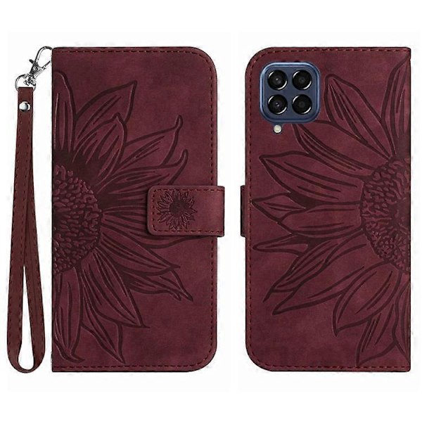 Kompatibelt för Samsung Galaxy M53 5G HT04 Skin-touch PU Läder Mobiltelefon Skydd Skal med Tryckt Solros Ställ Plånboksfodral WineRed