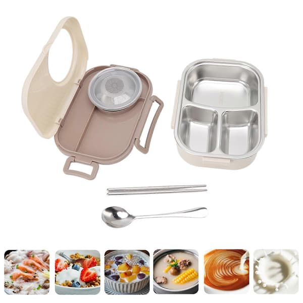 Bento Madkasse Rustfrit Stål Rum Termisk Bento Madkasse Dobbelt Lag Bento Beholdere til Studerende, Beige
