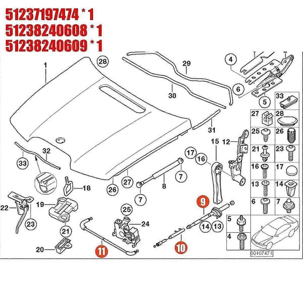 3PCS Motorhuv Släppkabel Bowden Kabel Kit kompatibel med E65 E66 7Er 51237197474