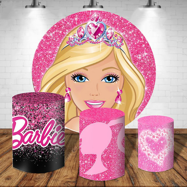 Barbie Circle Bakgrunder För Tjej Födelsedag Rund Bakgrund Elastisk Polyester Circle Bakgrund Cylinder Cover Bord Banner Party 6X6FT