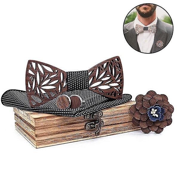 Klassisk Håndlavet Herre Træ Butterfly Slips Manchetknapper Corsage Firkantet Tørklæde Sæt