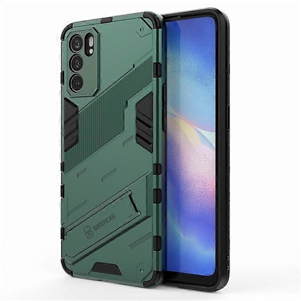 Iskunkestävä Defender -suojakuori, kestävä, sotilastason PC + TPU -kuori jalustalla, yhteensopiva Oppo Reno6 5G:lle Green