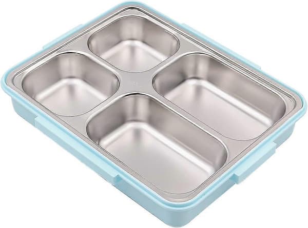 304 Rustfrit Stål Bento Box Bestik Spisepinde Ske, Lækagesikker 2000ml 4 rum Skål, Blå farve