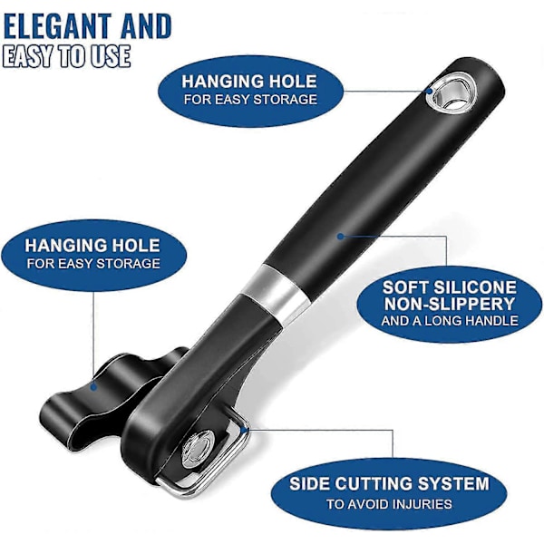 Boksåpner, Oppdatert manuell boksåpner med sklisikkert håndtak, glatt kant, ergonomisk håndtak, rustfritt stål for eldre med leddgikt (svart)