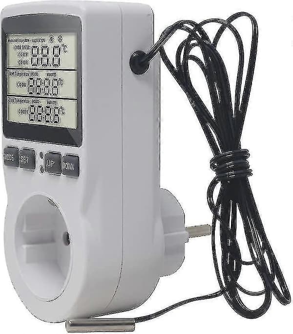 Digital stiktermostat - Temperaturregulator til opvarmning og køling med probe - LCD-display - Timer til akvarium, inkubator, drivhus