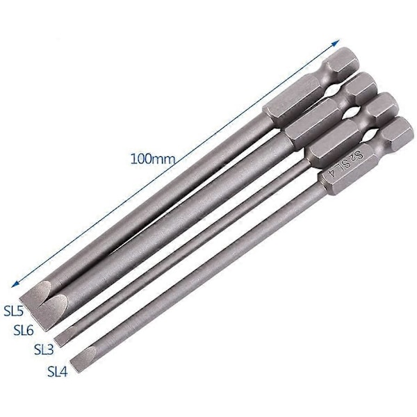 4 stk. Magnetiske S2 Stål Legering Flat Head Skrutrekker Bits 1/4\" 100mm