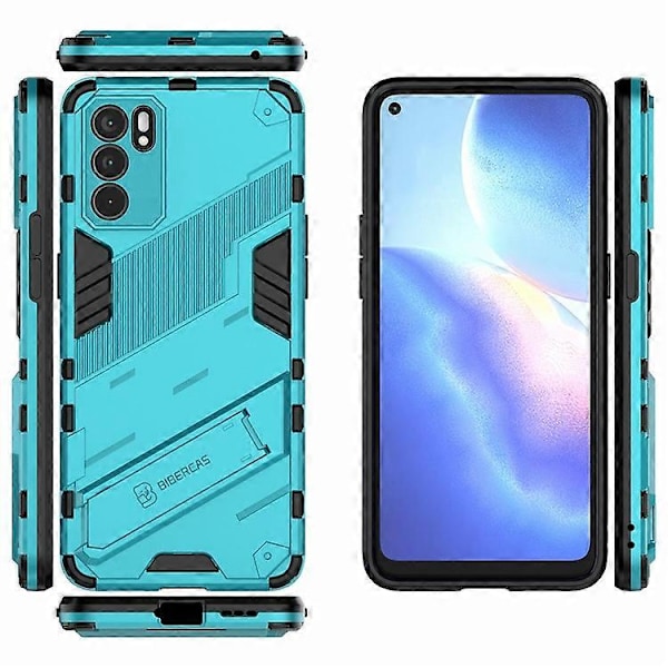 Iskunkestävä Defender -suojakuori, kestävä, sotilastason PC + TPU -kuori jalustalla, yhteensopiva Oppo Reno6 5G:lle LightBlue