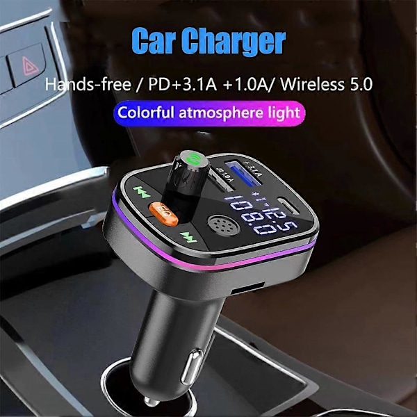 Bluetooth 5.0 FM-sändare Handsfree Bilradio Modulator MP3-spelare Laddare