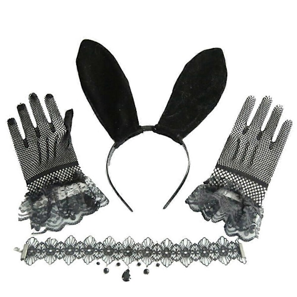 1 Setti Ihastuttavat Pitsikäsineet Pupunkorvat Hiuspanta Hiusneula Cosplay Kaulakoru (Musta)