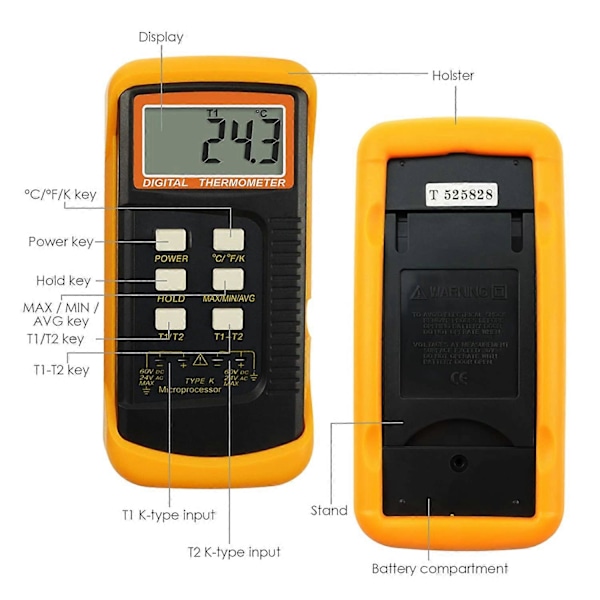 Digital 2-kanals K-type termometer m/ 4 termoelementer (kablet & rustfrit stål), -50~1300C (-58~2372F) Håndholdt desktop højtemperatur Kelvin