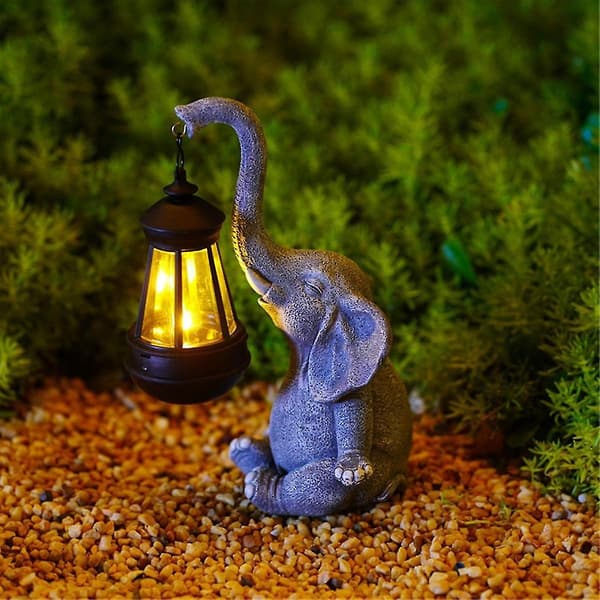 Elefant Solcellelampe Dekor Vanntett Solid Resin Håndverk Elefant Ornament Statue Hage Balkong G