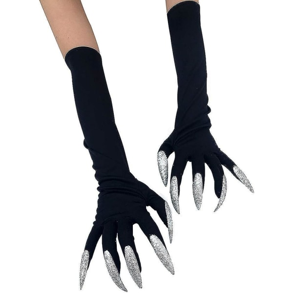 Vuxna Halloween-klor Långa svarta djurtassar Handskar med läskiga långa naglar Funny Ghost Cosplay Kostymhandskar Finklänning för kvinnor män Silver