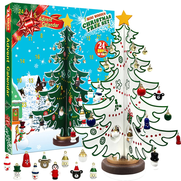 Adventskalender 2023 24 dagars julnedräkningskalender Träträd med prydnader Bordsskiva DIY Miniträd till jul White
