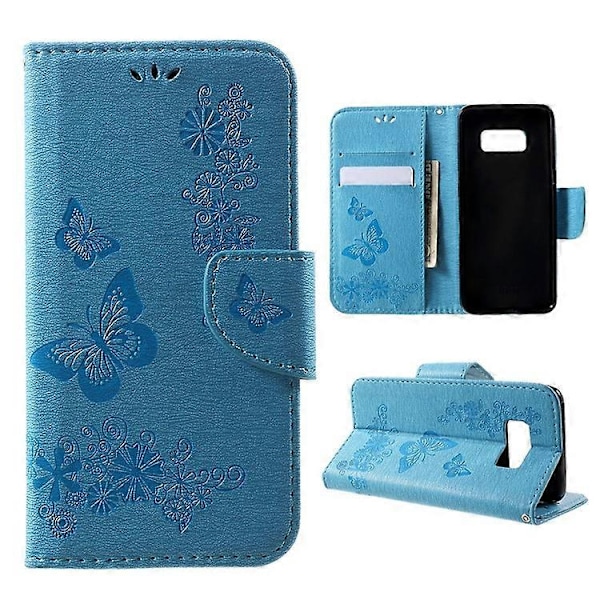Präglat Fjärilsblommor Plånbok Läder Mobilskal Kompatibelt För Samsung Galaxy S8 Blue
