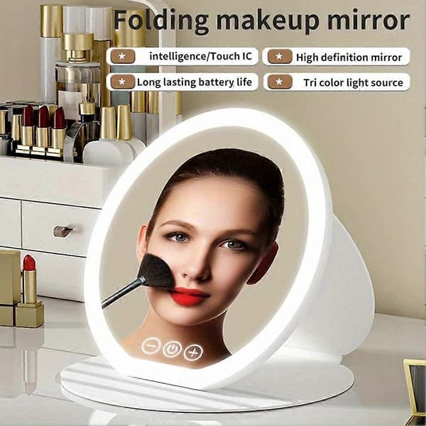 Dæmpbart Touch Screen Makeup Spejl Kompakt Foldbart Toiletbordsspejl med Lys Makeup Tilbehør Black Medium
