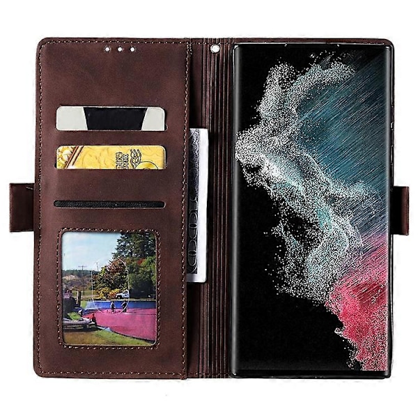 Kompatibelt för Samsung Galaxy S23 Ultra Retro Splicing Stil PU Läder Stötsäkert Telefonfodral Plånbok Ställ Folio Flipskydd med S Brown