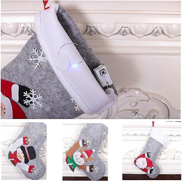 Julstrumpor 3 st Julstrumpor Presentpåse Med Led-ljus Jultomte Snögubbe Ren