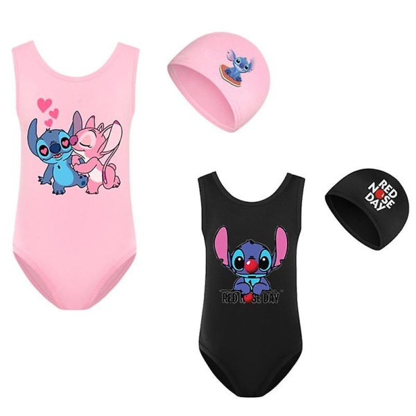 2-8 år Lilo Stitch Baddräkt för flickor One Piece Badkläder Mode Lilo And Stitch Badkläder för barn Sommarbaddräkter+ cap 2076black-2pcs 150