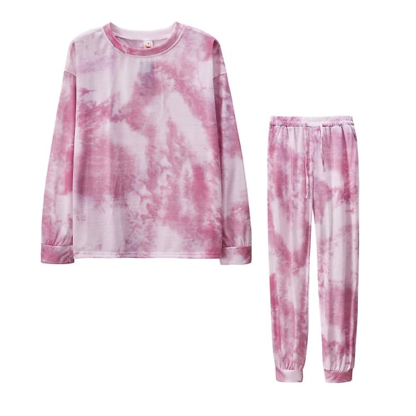 Kvinnors Tie Dye Casual Kostym Långärmad Sweatshirt Topp + Dragsko Byxor Kostym Casual Jogging Lounge Wear Pink M
