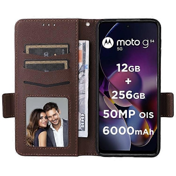 Kompatibel til Motorola Moto G54 5G / G54 Power Etui Pung Stand Telefon Cover med Rem Brown