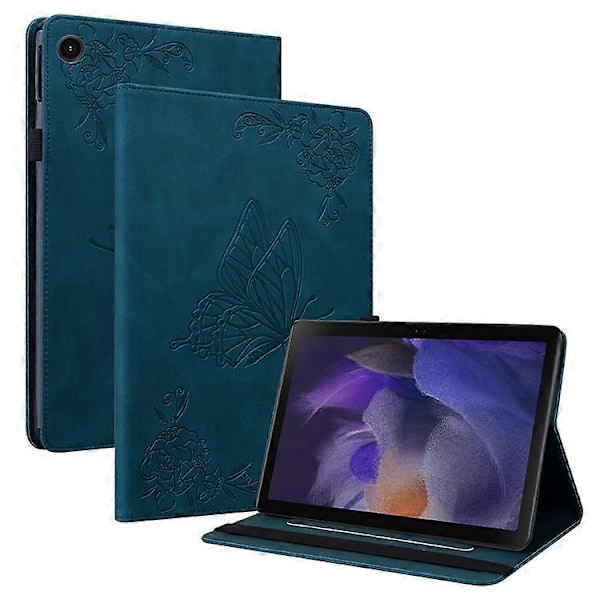 Kompatibelt Läderfodral för Samsung Galaxy Tab A9 med Fjärilsblommor Tryck Tablet Skydd DarkBlue