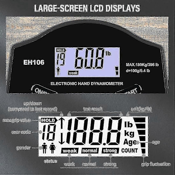 Grebstyrke Tester, 180 kg Digital Hånd Dynamometer Grebstyrke Måler USB LCD Skærm Håndgreb Dynamometer