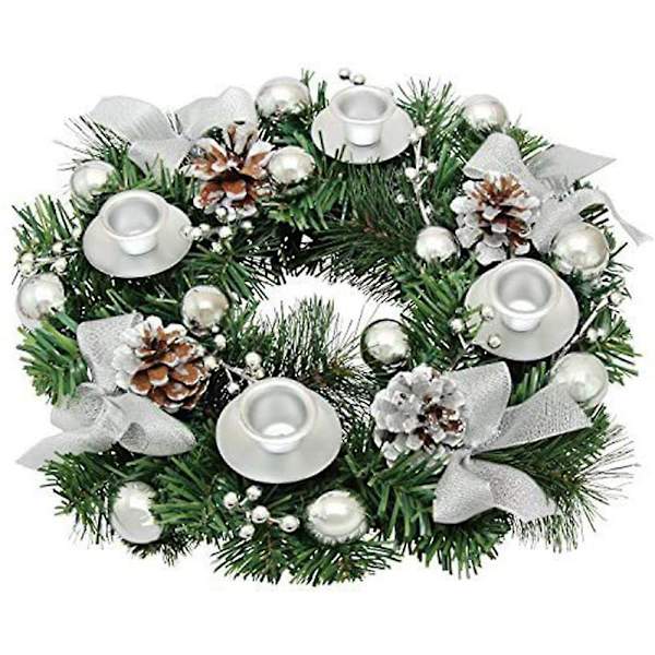 Jouluinen adventtiseppele 12 tuuman adventtikynttiläjalkasormus Keinotekoinen jouluseppele nauhalla Silver