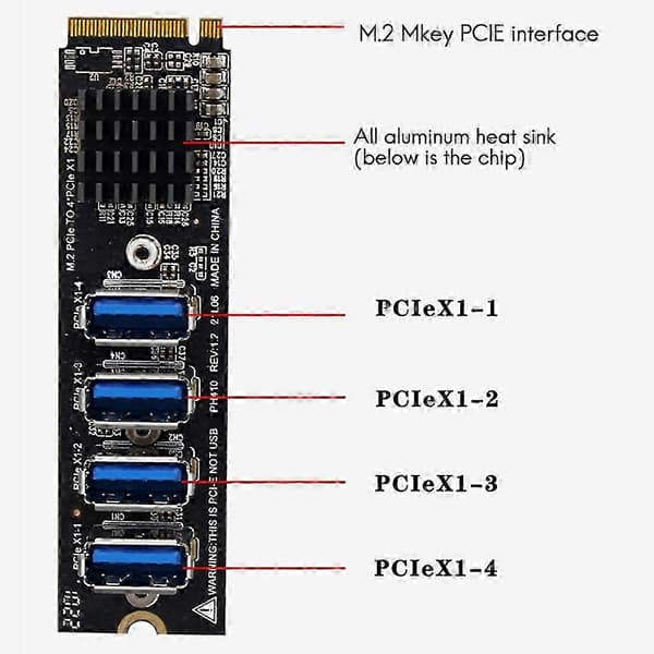 M.2 USB-adapter M.2 M-Key til 4-ports PCI-E X1 USB3.0 grafisk forlængerkabel ASM1184 Mining-kort til