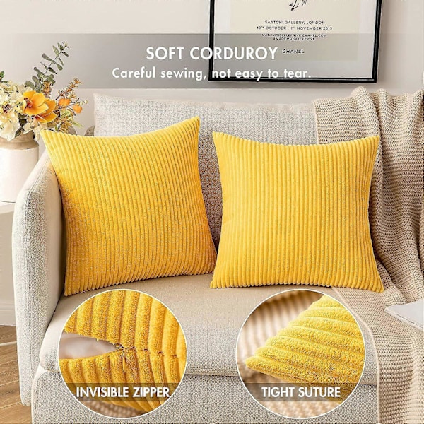 Pakke med 2 Corduroy Myke Solide Dekorative Firkantede Pynteputetrekk Sett Putetrekk Putetrekk for Sofa Soverom Sofa 22 x 22 Tommer Gylden Gul