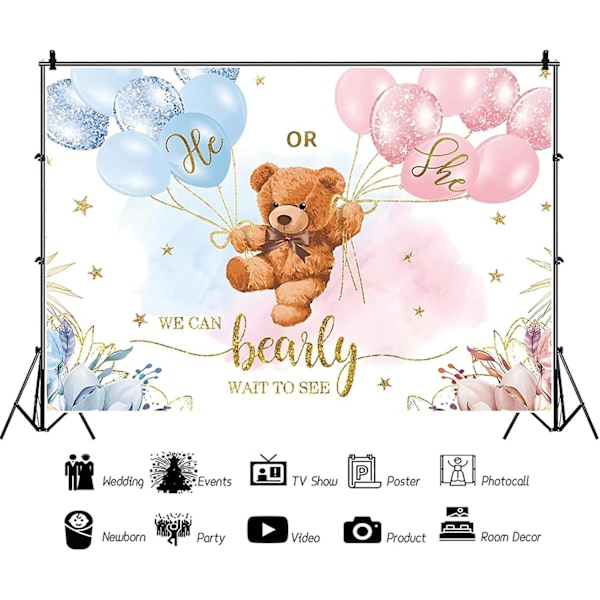 7x5ft Kjønnsavsløring Bakgrunn Baby Bjørn Gutt eller Jente Fotografering Bakgrunn Baby Shower Party Blå og Rosa Banner Dekorasjoner Rekvisitter Fotoboks
