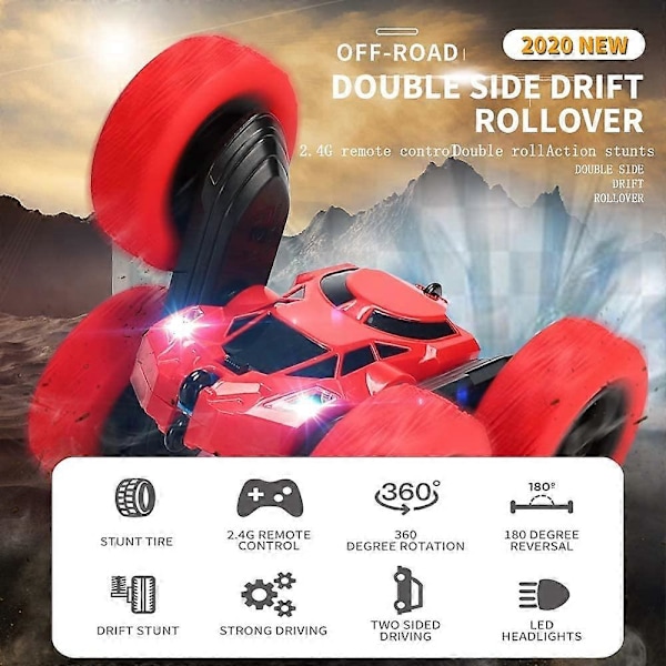 RC-autot Stunt-auto Lelu 2 kpl, KATEA 4WD Kauko-ohjattavat autot, Kaksipuoliset pyörivät ajoneuvot 360 Käännökset, Lasten leluautot pojille ja tytöille Syntymäpäivä (Punainen ja