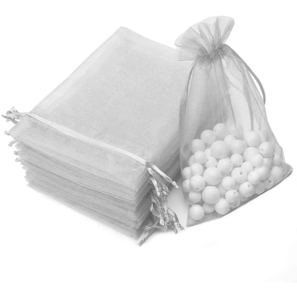 Små gaveposer med snor Organza Grå 25-pakning 7x9 cm