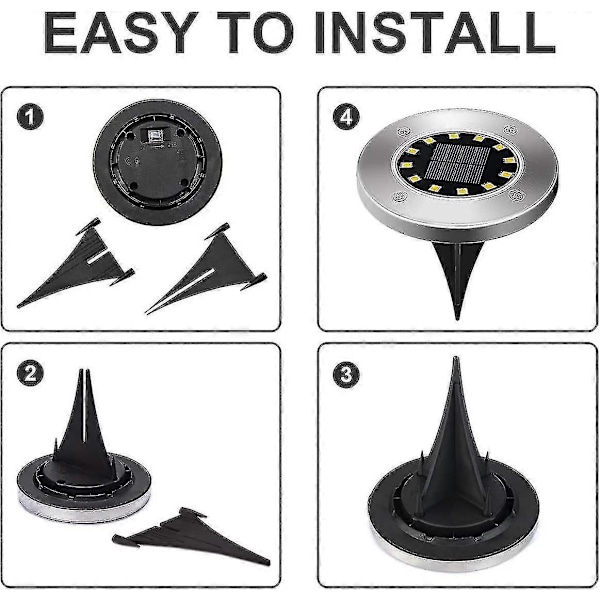 Solcelle bakkelamper 12 LED 4-pakning, nedgravde lamper, solcelledrevet sti-belysning
