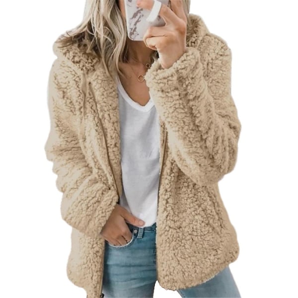 Kvinnor Teddy Bear Plysch Kappa Luvtröja Fluffig Fleece Huvjacka Topp Vinter Varm Casual Khaki S