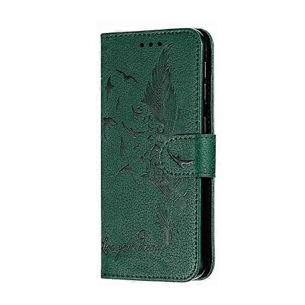 Litchi Tekstur Præget Fjer Læder Telefon Cover med Wallet Stand Kompatibel til Samsung Galaxy A20e Green