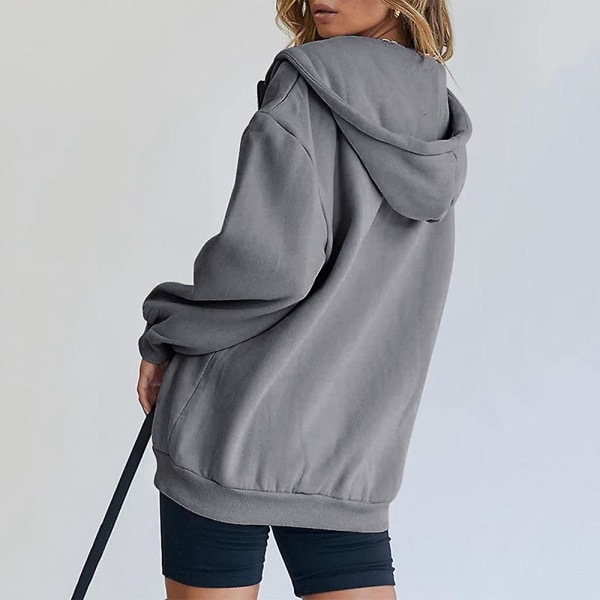 Kvinnor Vanlig Casual Huvjacka Långärmad Full Zip Dragsko Hoodies Coat Dark Grey M