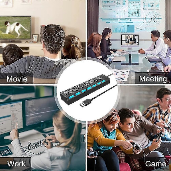 Monitoimi USB-jakaja, 7-in-1 USB 2.0 -keskitin nopeilla yksittäisillä on/off-kytkimillä ja LED-valoilla (7 porttia USB A)