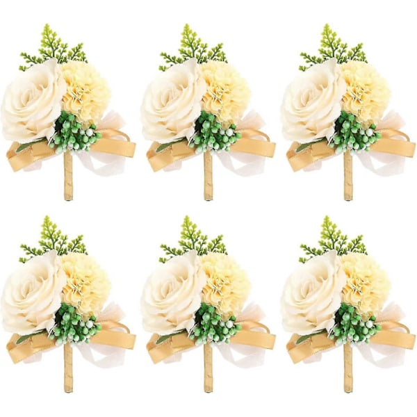 6 stk. Knapphullsblomster Sett For Menn Bryllup Med Nåler For Brudgom Og Forlover, Rose Knapphullsblomster Corsager