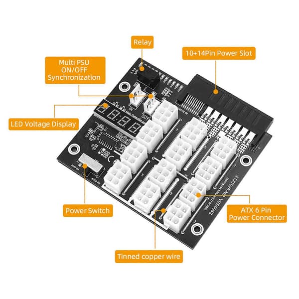 12V 6-pin GPU/PSU Breakout Board Ethereum ETH BTC Mining Strømforsyningsadapter