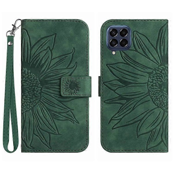 Kompatibelt för Samsung Galaxy M53 5G HT04 Skin-touch PU Läder Mobiltelefon Skydd Skal med Tryckt Solros Ställ Plånboksfodral DarkGreen