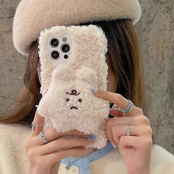 Tegneserie Dukke Legetøj iPhone 12 Pro Max Cover, Fluffy 3D Sød Plys Pels Dyr Blødt Cover Kompatibelt med iPhone Cover (iPhone 12 Pro Max, Anygry Little Whit