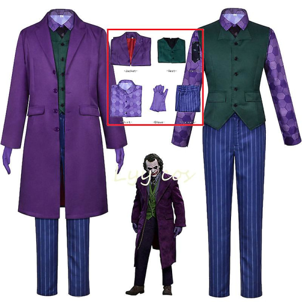 Heath Ledger Cosplay Suit Film The Dark Knight Joker Kostym Lila jacka Fulla uppsättningar Halloween Clown Trench Coat Cos M