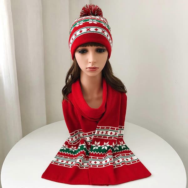 Vinter 2st Jul Snöflinga Stickad Pompom Mössa Hatt Lång Halsduk Värmare Set